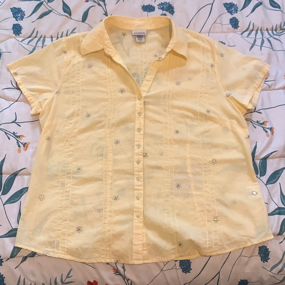 Pale yellow embroidered button up